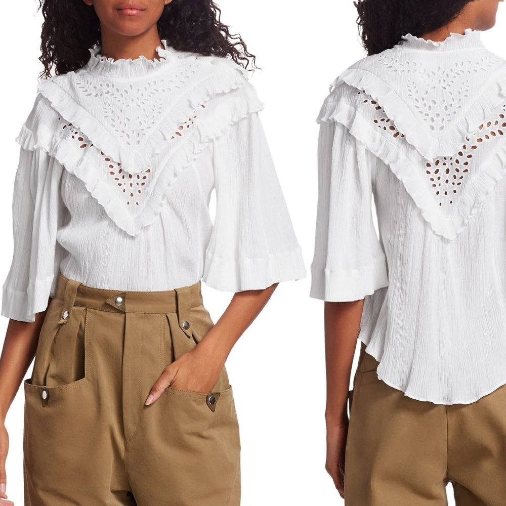 Isabel Marant IDOA Embroidered Eyelet Lace Gauzy Shirttail Ruffled Blouse FR38